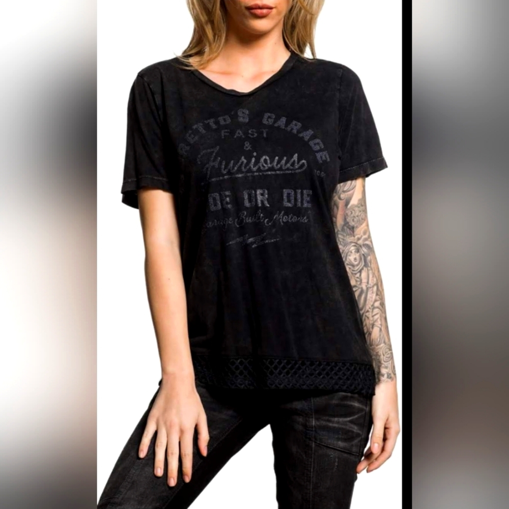 NWT! BUCKLE Affliction Fast and Furious Toretto's Garage Print Women's T-shirt M